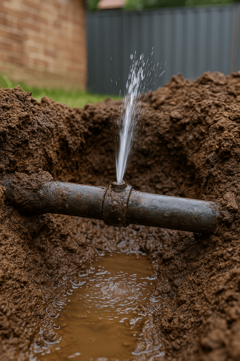 Leaking underground water pipe spraying into muddy soil in a residential yard